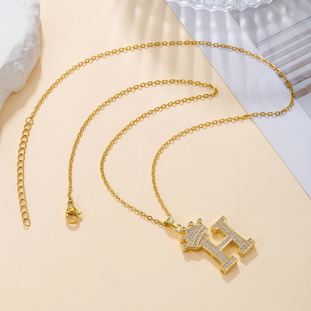 1PCS Fashionable Gold Diamond Crown Uppercase Letter Popular Pendant Necklace Suitable For Daily Use Festivals Parties Gifts Jewelry Set