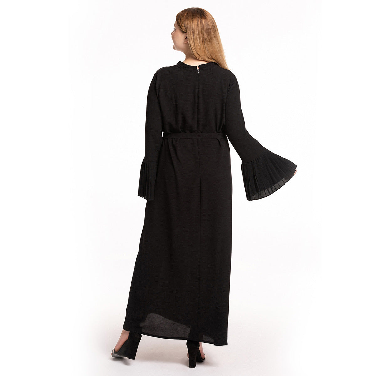 Women's Crew Neck Pleated Patchwork Horn Sleeve Slim Dress