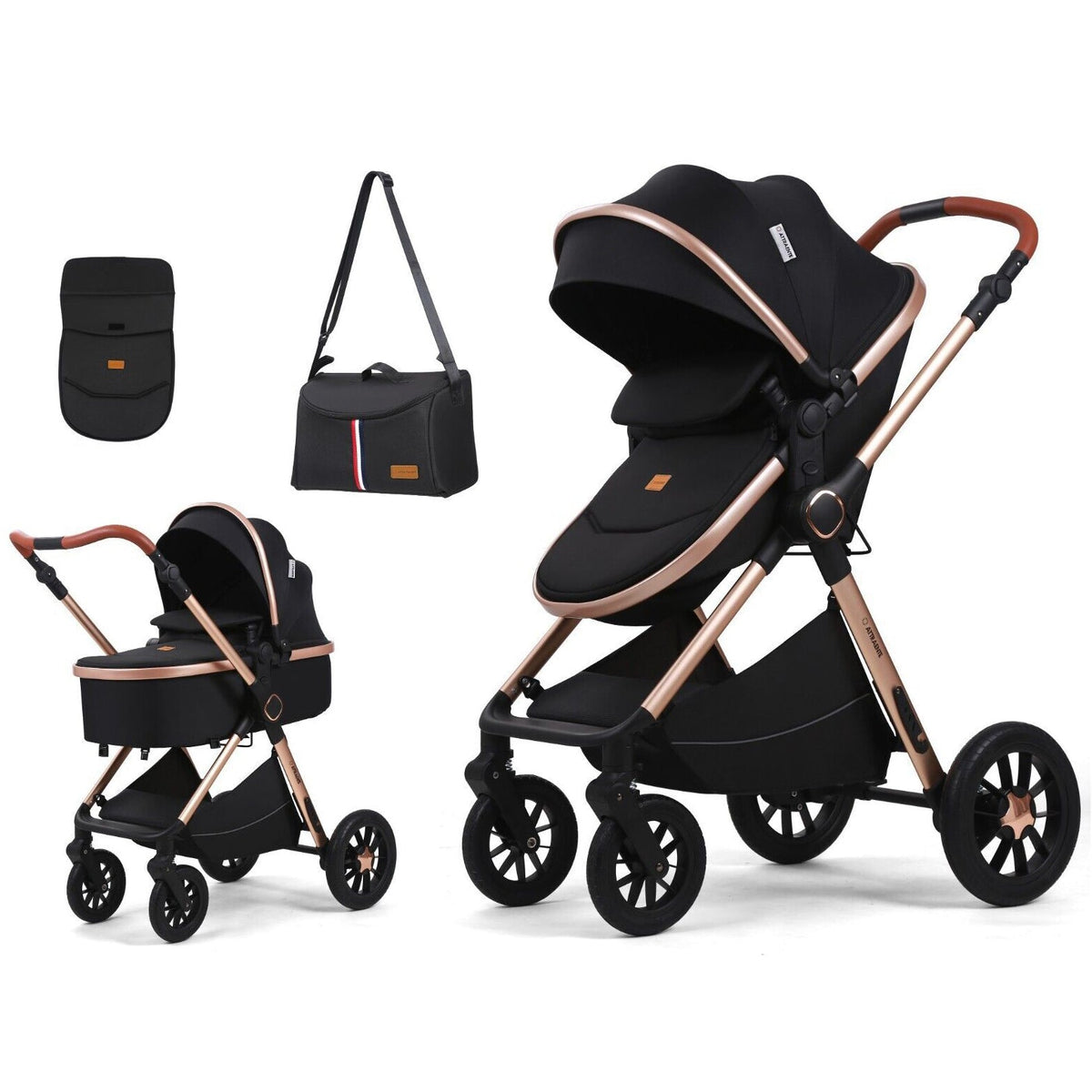 3-in-1 Pram Pushchair Stroller with Carrycot Sleeping Basket Black Rose Gold Foldable