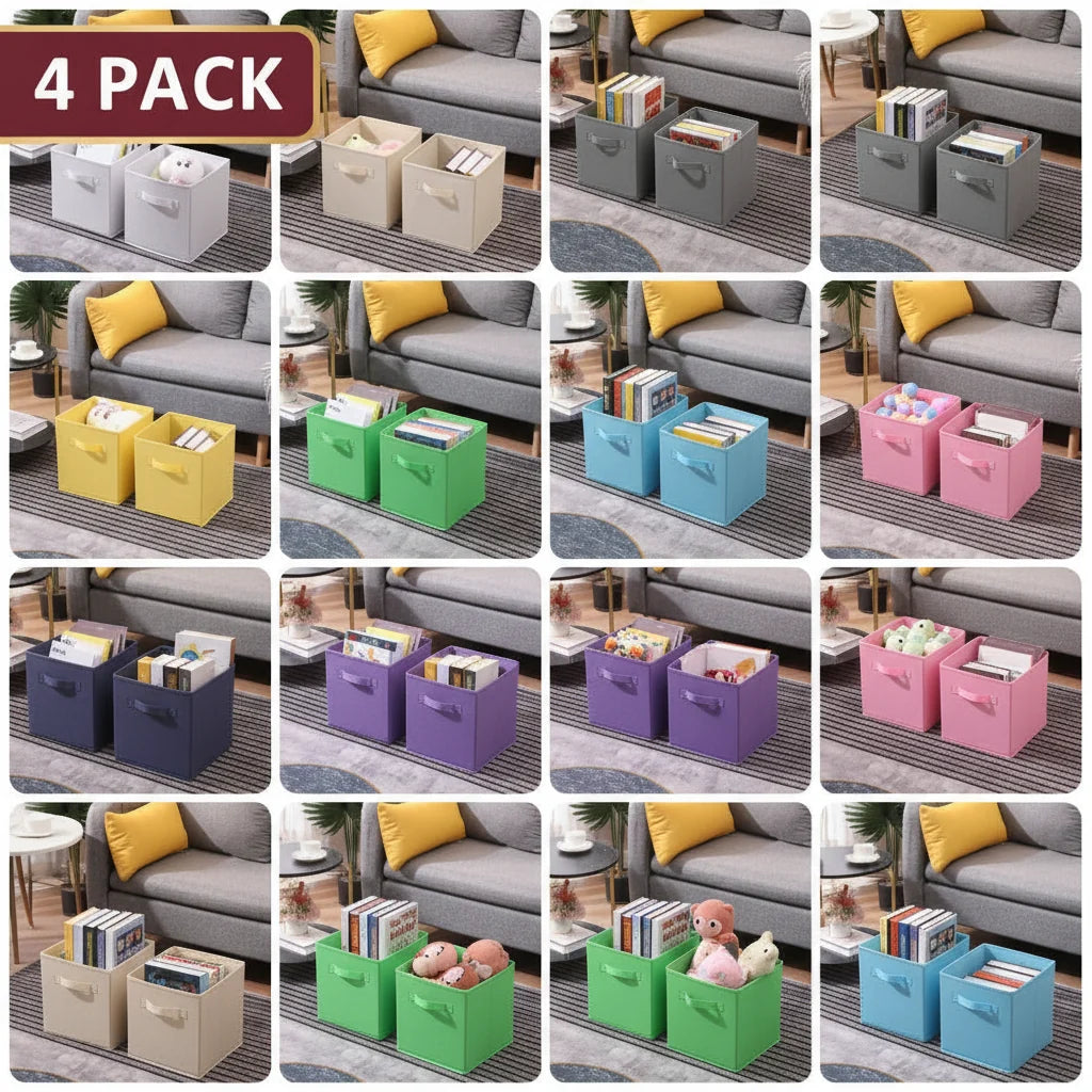 Pack of 4 Foldable Fabric Storage Organisers Cubes Boxes Wardrobe Home Organiser