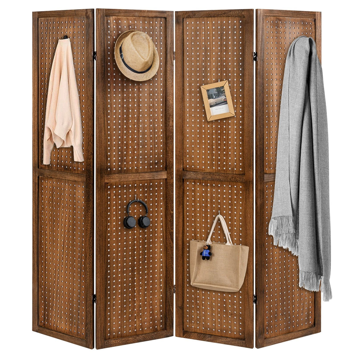 170cm 4-Panel Folding Room Divider with 360° Metal Hinges and Solid Wood Frame-4-Panel