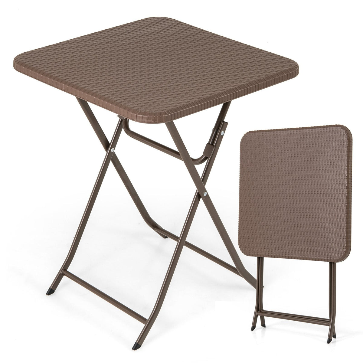 4-Person Rattan Textured Folding Picnic Table Square Patio Dining Table-Rustic Brown