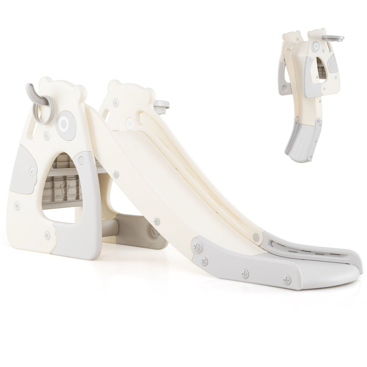 Foldable Toddler Slide with Basketball Hoop and Ball-Grey