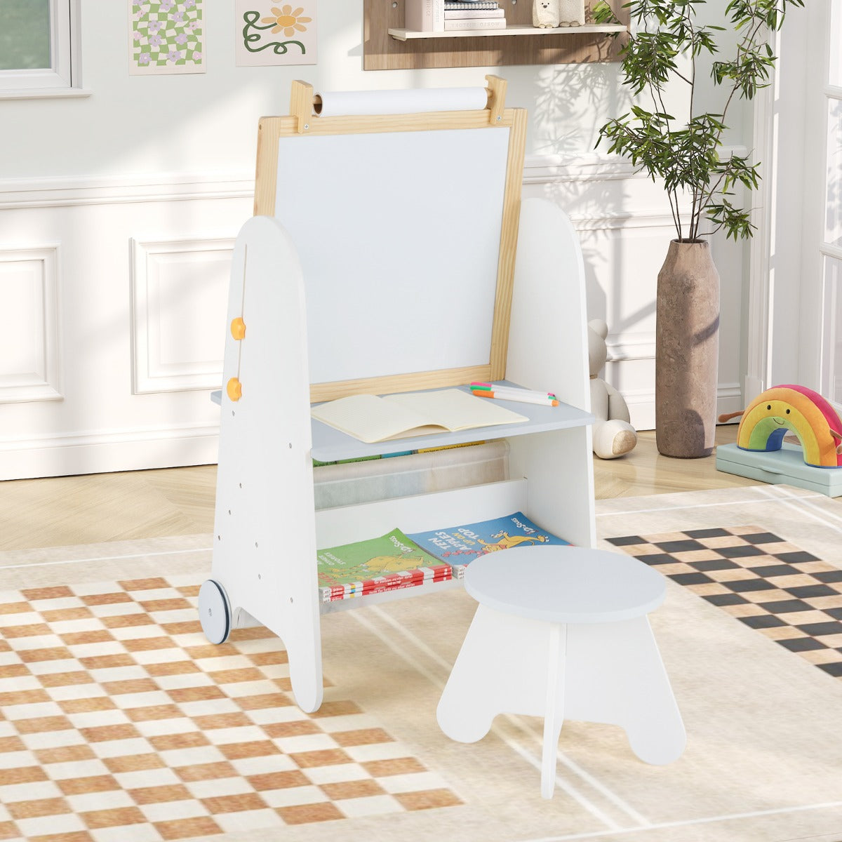 4-in-1 Toddler Activity Table Set with Magnetic Whiteboard and Bookshelves-Grey