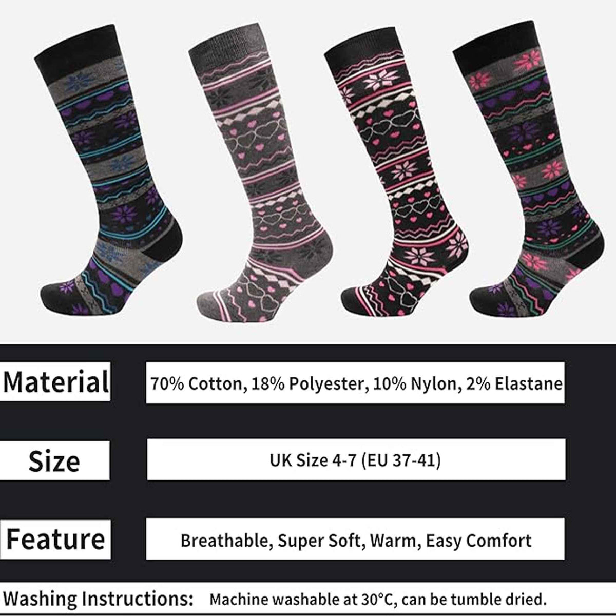 Sock Stack Ladies Ski Boot Socks Knee Length 4 Pairs Cotton Rich Full Cushioning Thermal
