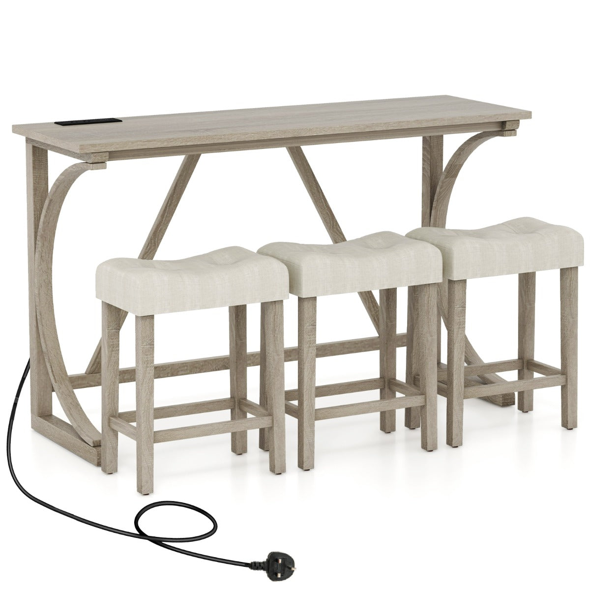 4-Piece Height Bistro Table and Saddle Seat Stools with Power Outlet-Grey