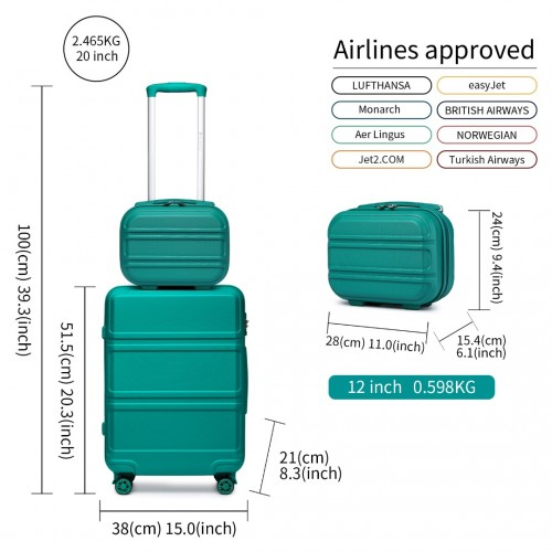 K1871-1L - Kono ABS 4 Wheel Suitcase Set with Vanity Case - Teal