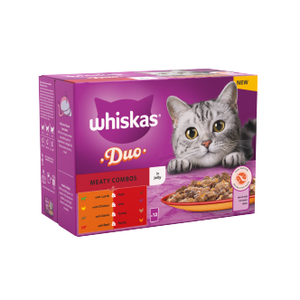 4 x Whiskas Katze 1+ Portionsbeutel in Gelee Duo mit fleischigen Kombinationen, 12er-Pack – 12x85g