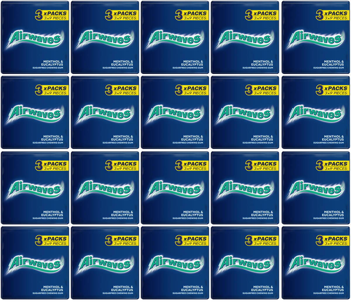 20 x Airwaves Menthol & Eucalyptus Sugar Free Gum Pk 3Pk