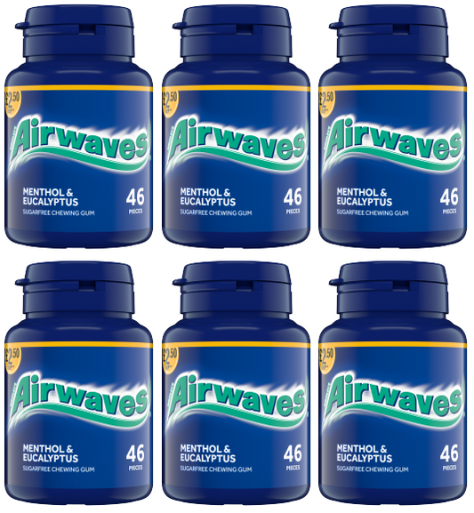 Airwaves Menthol & Eucalyptus Chewing Gum Bottles | 6 x 46 Pieces | Sugar-Free