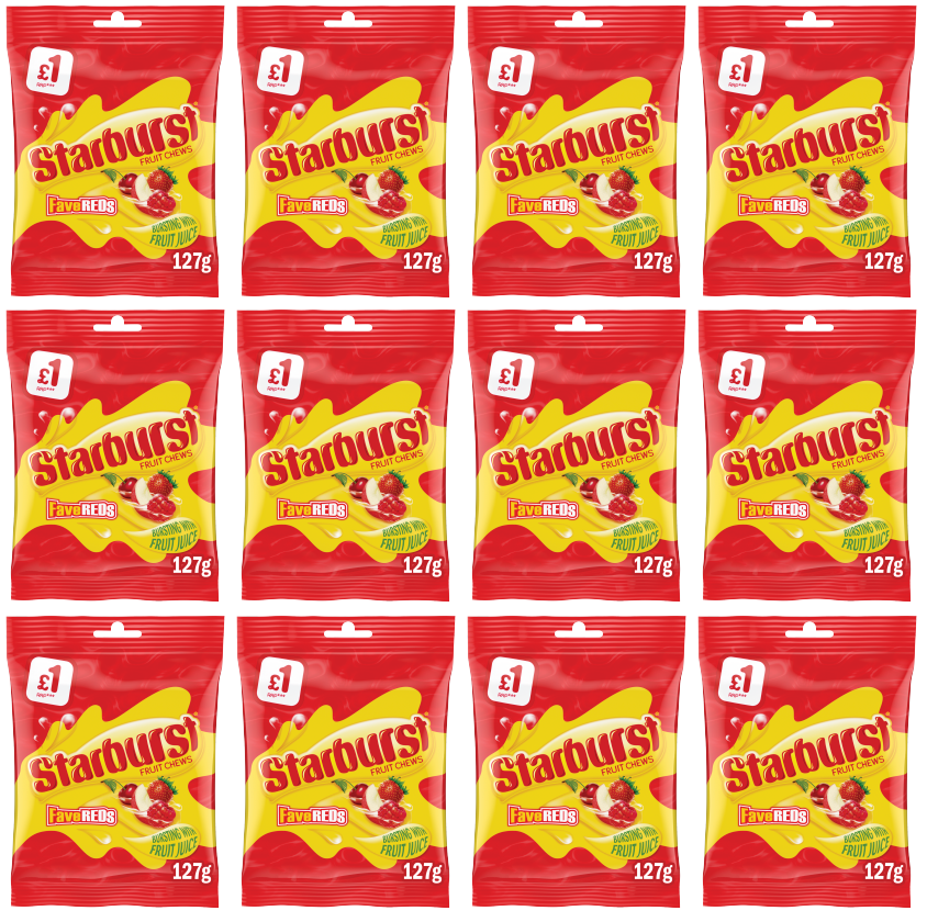 12 x Starburst Fave Reds Frucht-Leckerli-Tüte – 127g
