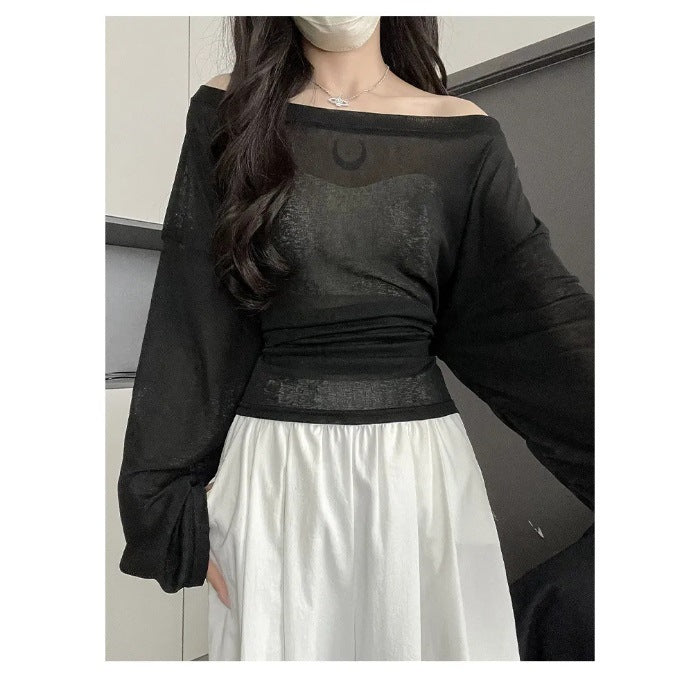 Outerwear Slightly Sheer Air-conditioning T-shirt With A Fitted Waist And Off-the-shoulder Design