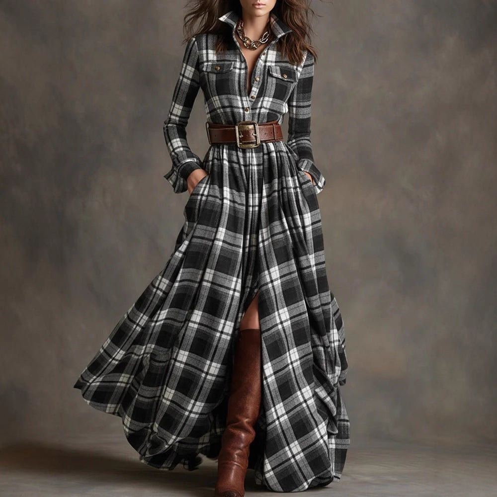 French Retro Grid Dress | Slim Fit Irregular Hem | Women's Plus Size