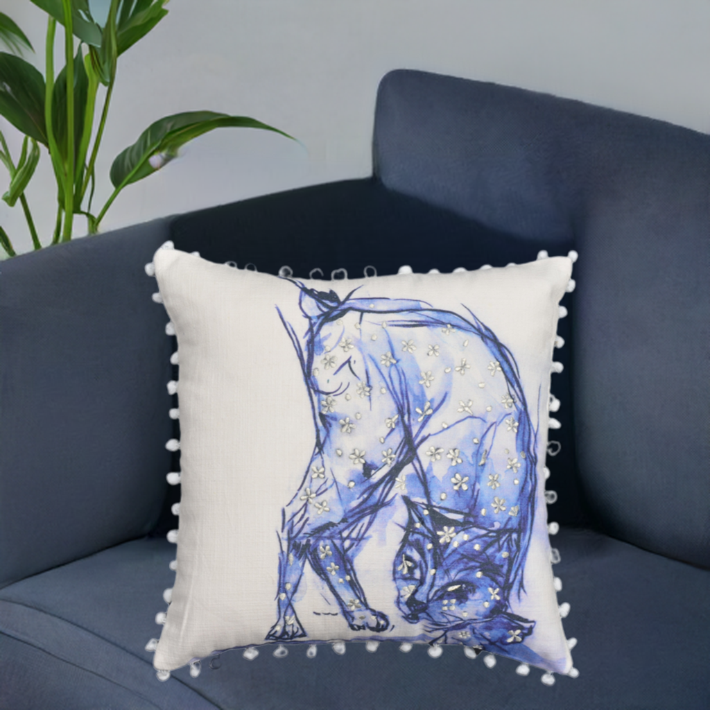 Blue Decorative Pillow with Pom-Poms Cat 18"x18"