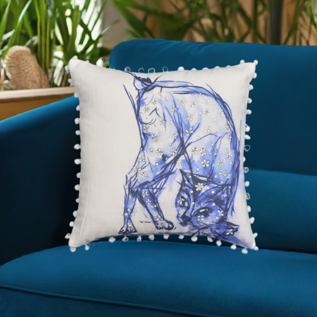 Blue Decorative Pillow with Pom-Poms Cat 18"x18"