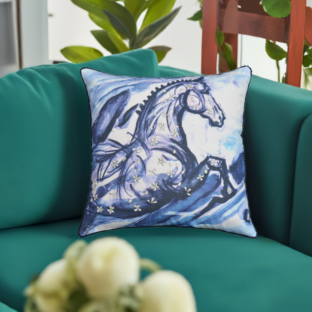 Embroidered 18"x18" Blue Decorative Pillow (Horse)