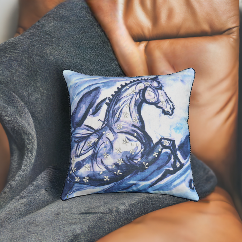Embroidered 18"x18" Blue Decorative Pillow (Horse)
