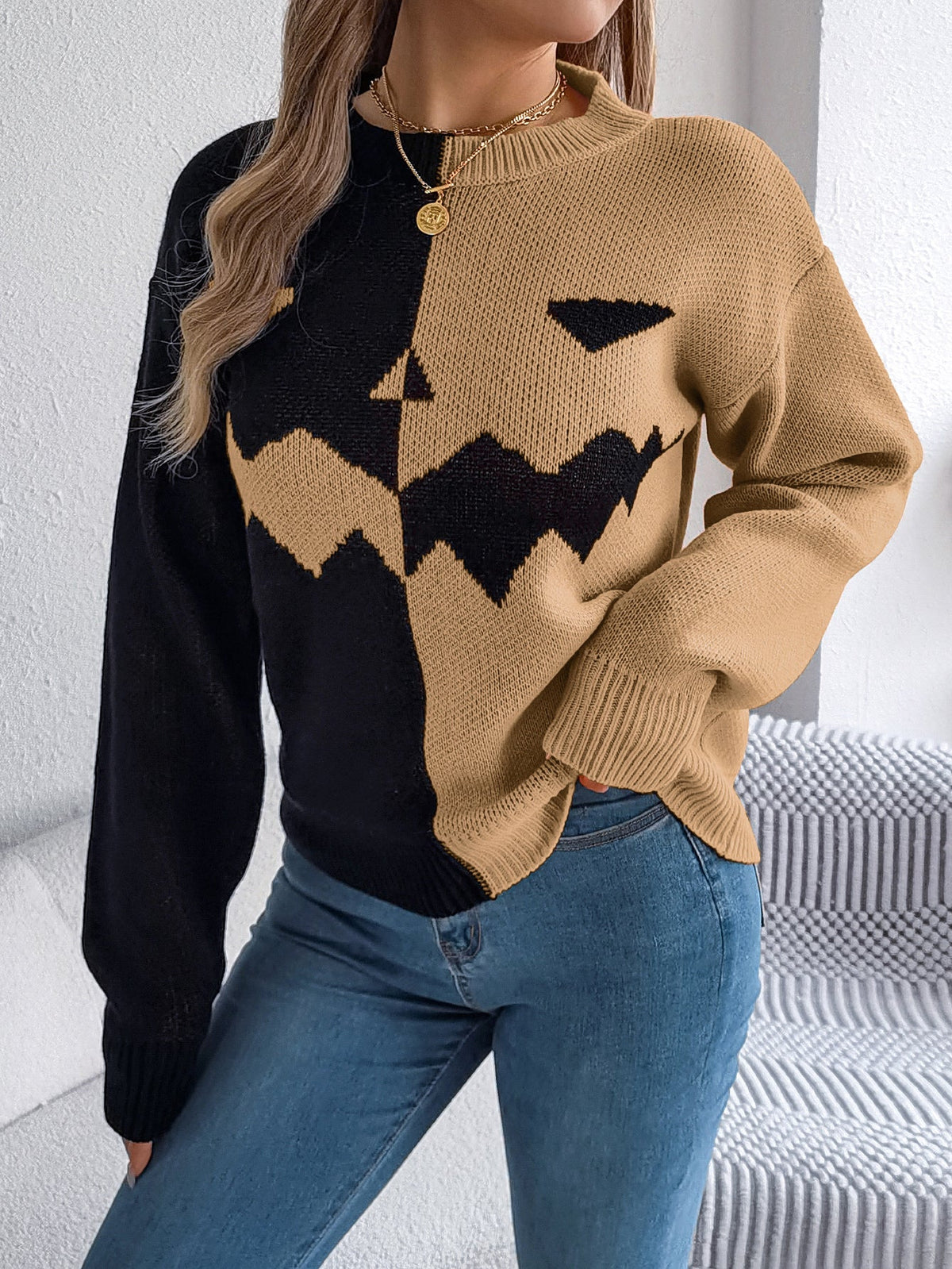 Women Ghost Pumpkin Color Block Long Sleeve Pullover Sweater