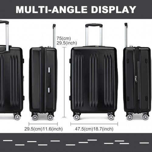 KSK2483 - Kono 28 Inch Sleek Striped Check-In Suitcase Expandable Durable ABS+PC Luggage with Four Spinner Wheels TSA Lock - Black