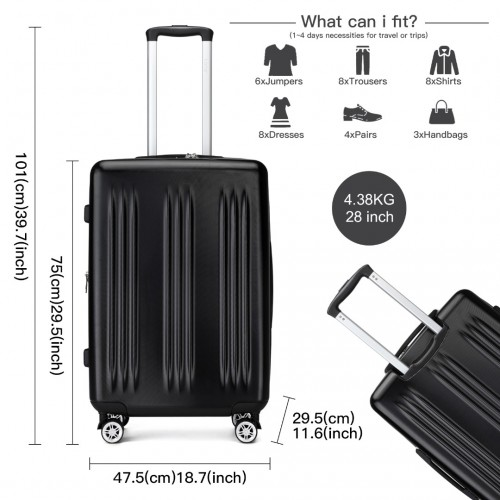 KSK2483 - Kono 28 Inch Sleek Striped Check-In Suitcase Expandable Durable ABS+PC Luggage with Four Spinner Wheels TSA Lock - Black