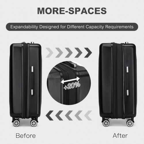 KSK2483 - Kono 28 Inch Sleek Striped Check-In Suitcase Expandable Durable ABS+PC Luggage with Four Spinner Wheels TSA Lock - Black