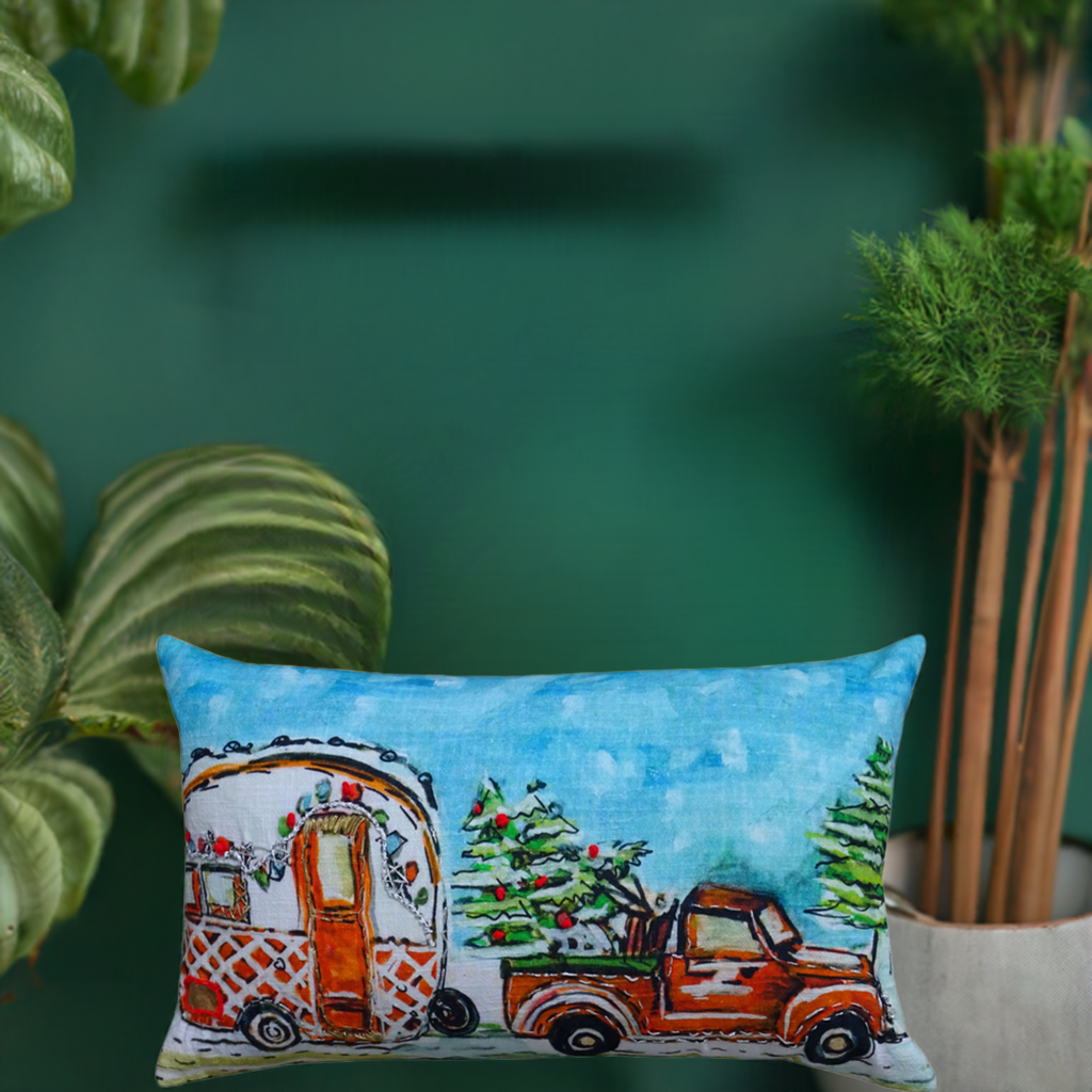 Hand Illustrated Christmas Cravan Holiday Pillow (14"X20")