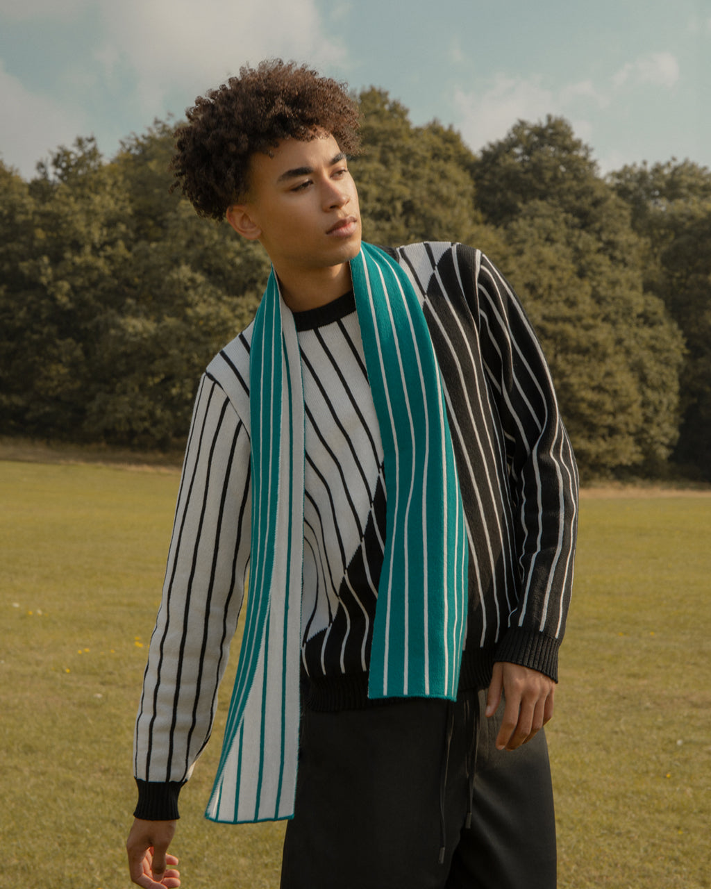 Thin Stripe Wool & Cashmere Scarf Teal