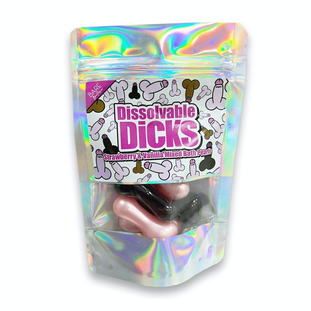 Holographic packaging of 'Dissolvable Dicks' with colorful design on a white background