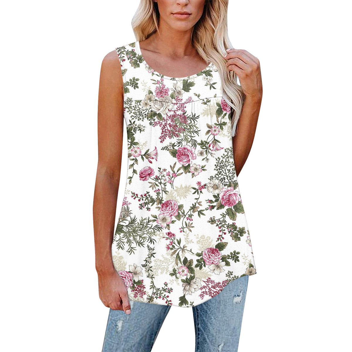Flower Print Sleeveless Pleated Casual Loose Vest T-shirt Women's Clothing