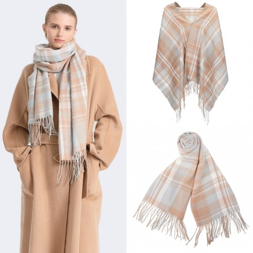 SFN4401 - Elegant Color Block Scarf with Fringe Detailing – Versatile Oversized Design - Light Blue