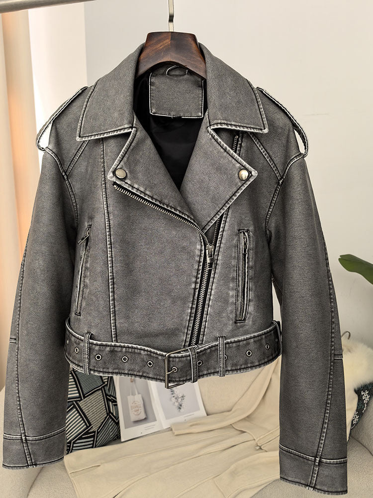 Women's Spring And Autumn Lapel Short Fashionable Casual Figure Flattering Leather Coat