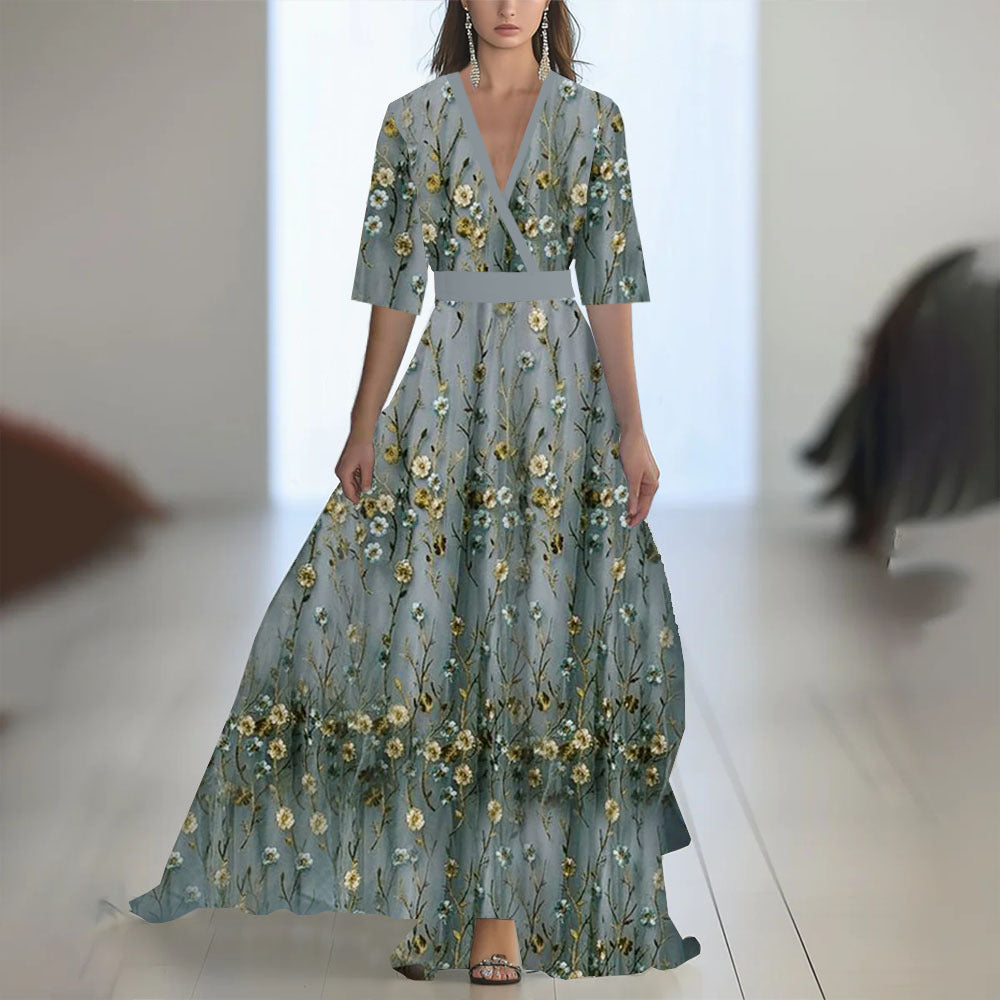 Printed Long Sleeved V-neck Patchwork Dress