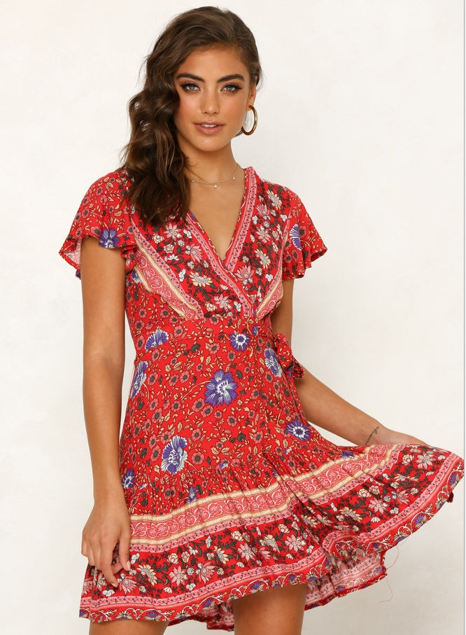 Summer V-neck sexy bohemian print dress skirt women