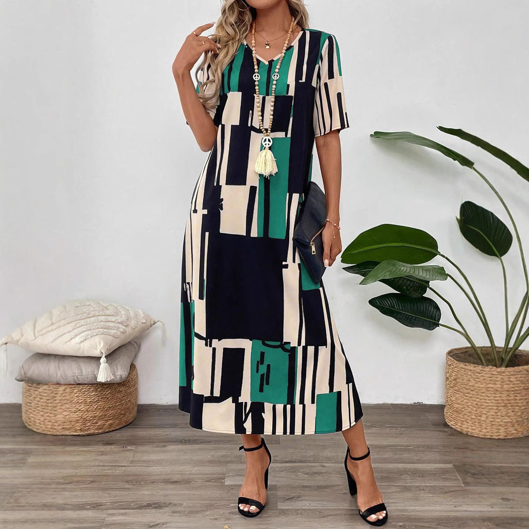 V-neck Printed Short Sleeve Loose Dress