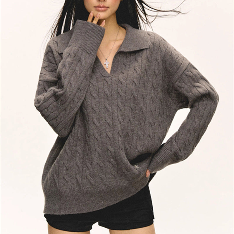 Lapel Twisted Pullover Sweater For Women