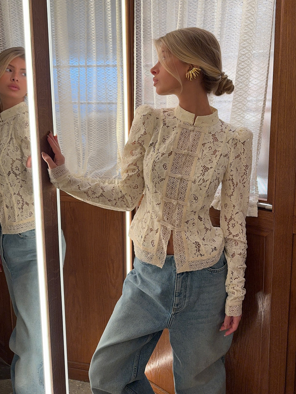 Lace Panel Long Sleeve Shirt