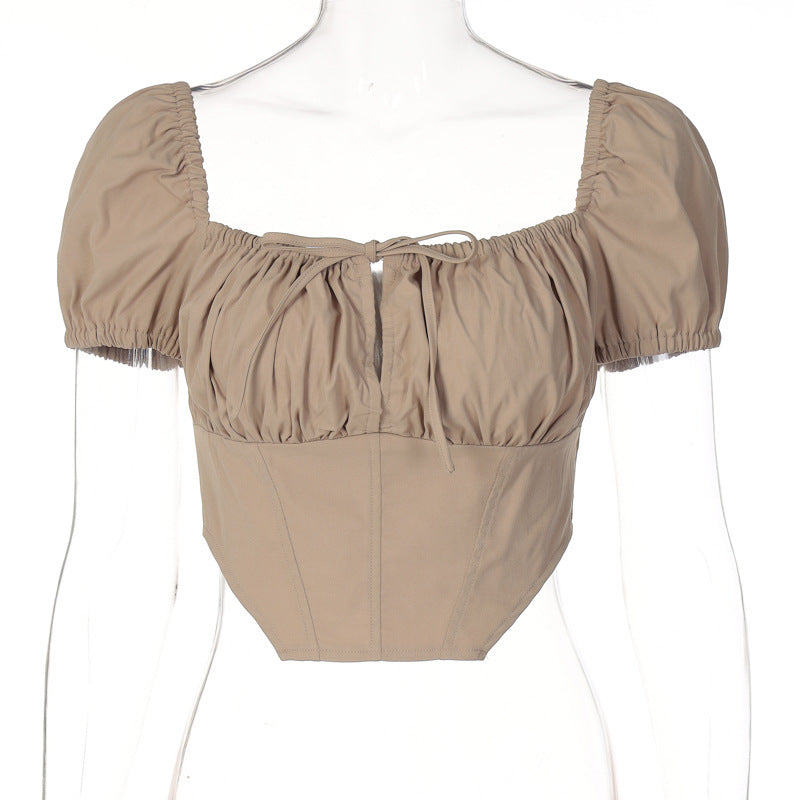 Patchwork Top Backless Zipper Pleated Short Sleeves