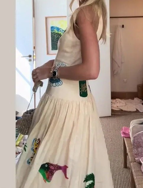Sleeveless Off-neck Printed Backless Dress