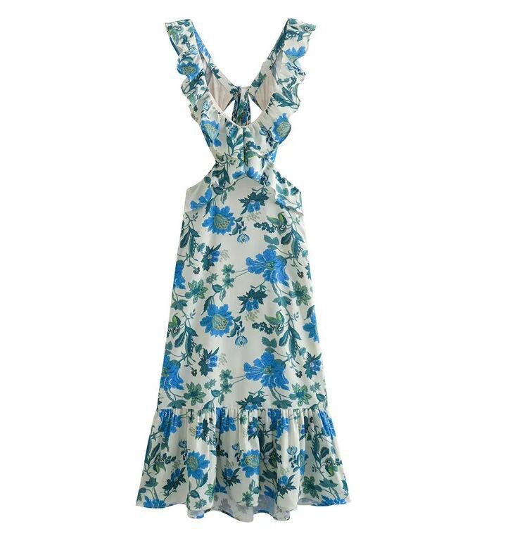 V-neck Flounce Design Backless Print Dress