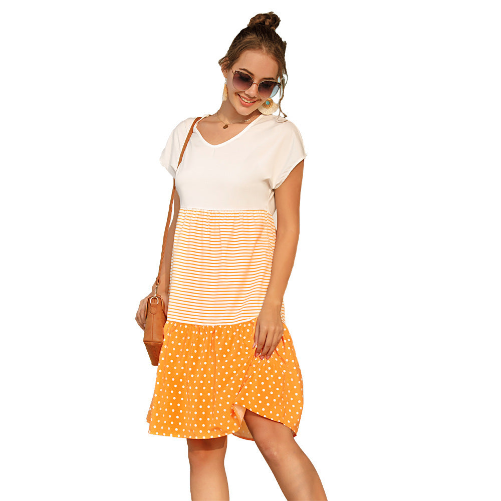 Patchwork Polka Dot V-Neck Short Sleeve Dress Women's