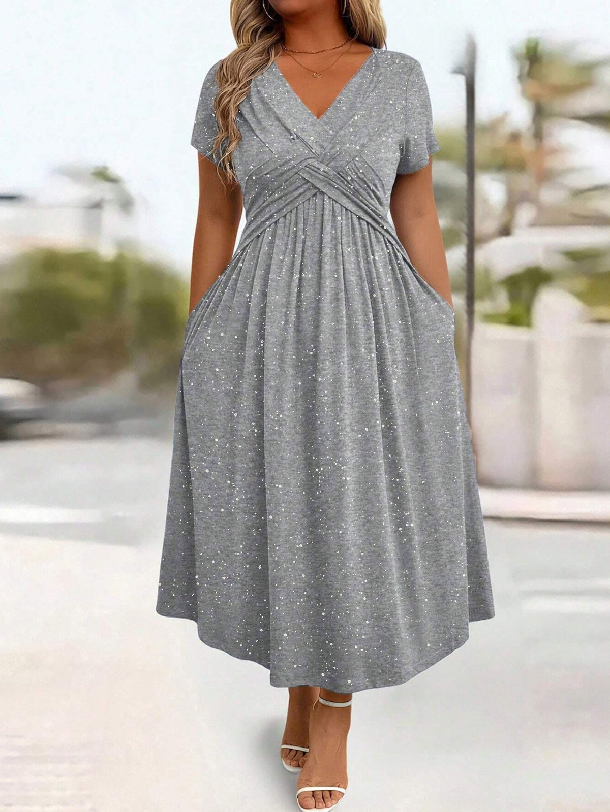 Waist Cinching Elegant Dress With A Vneck Shimmering Powder Finish Twisted Ribbon Detailing And Pocket Design