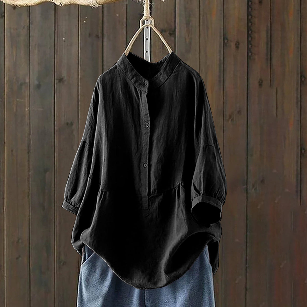 Mandarin-collar Single-breasted Traditional-style Solid-color Long-sleeve Pullover Shirt