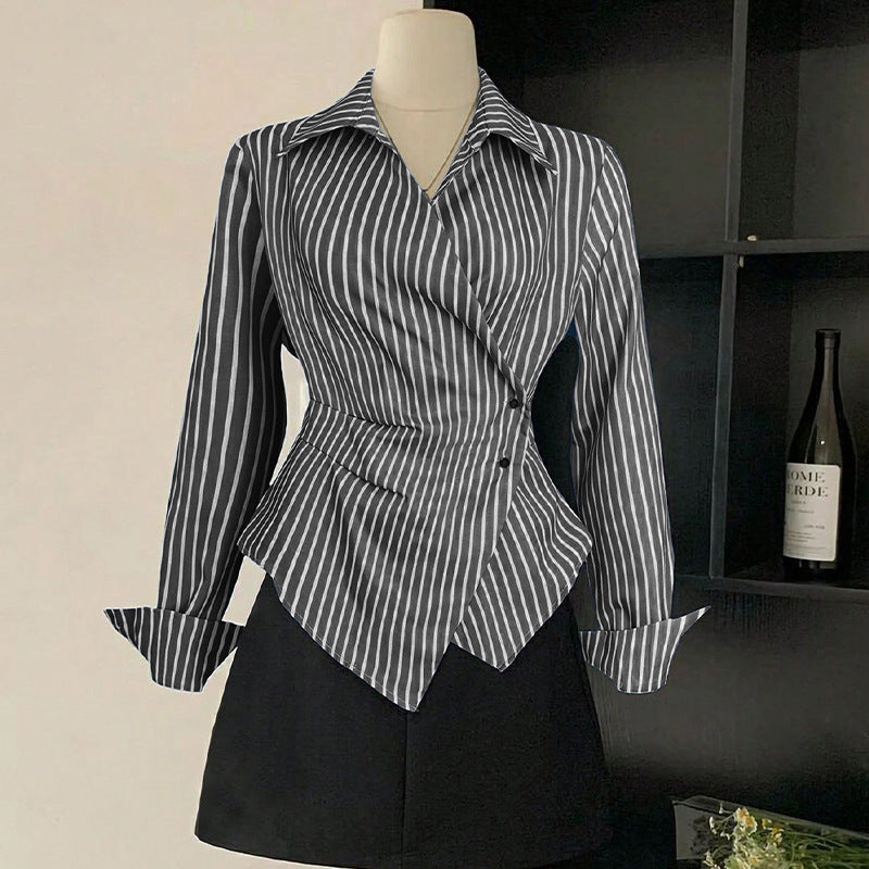 New European And American-style Long-sleeve Shirt Cardigan With An Asymmetrical Design