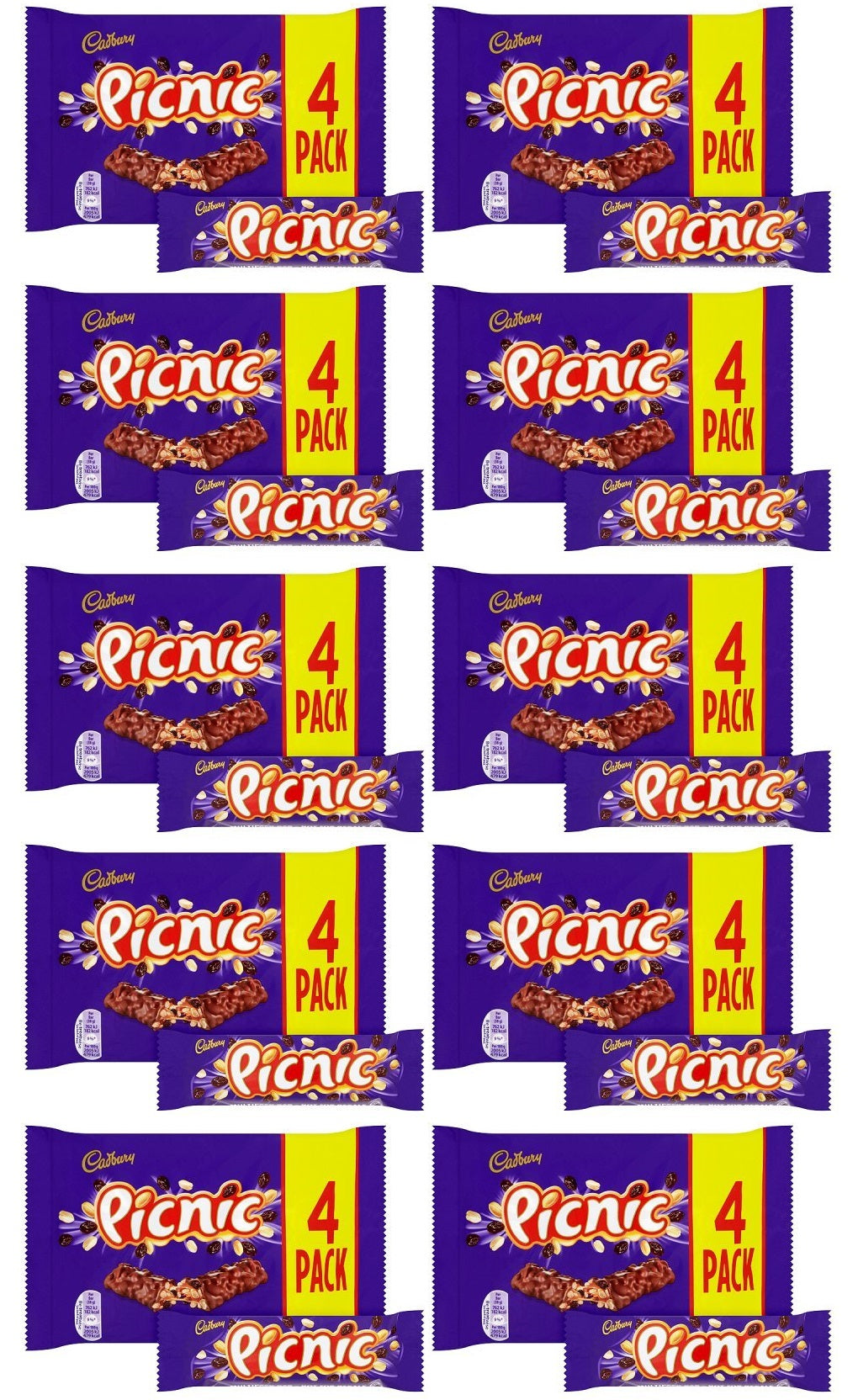 10 x tableta de chocolate Cadbury Picnic paquete de 4 de 152 g