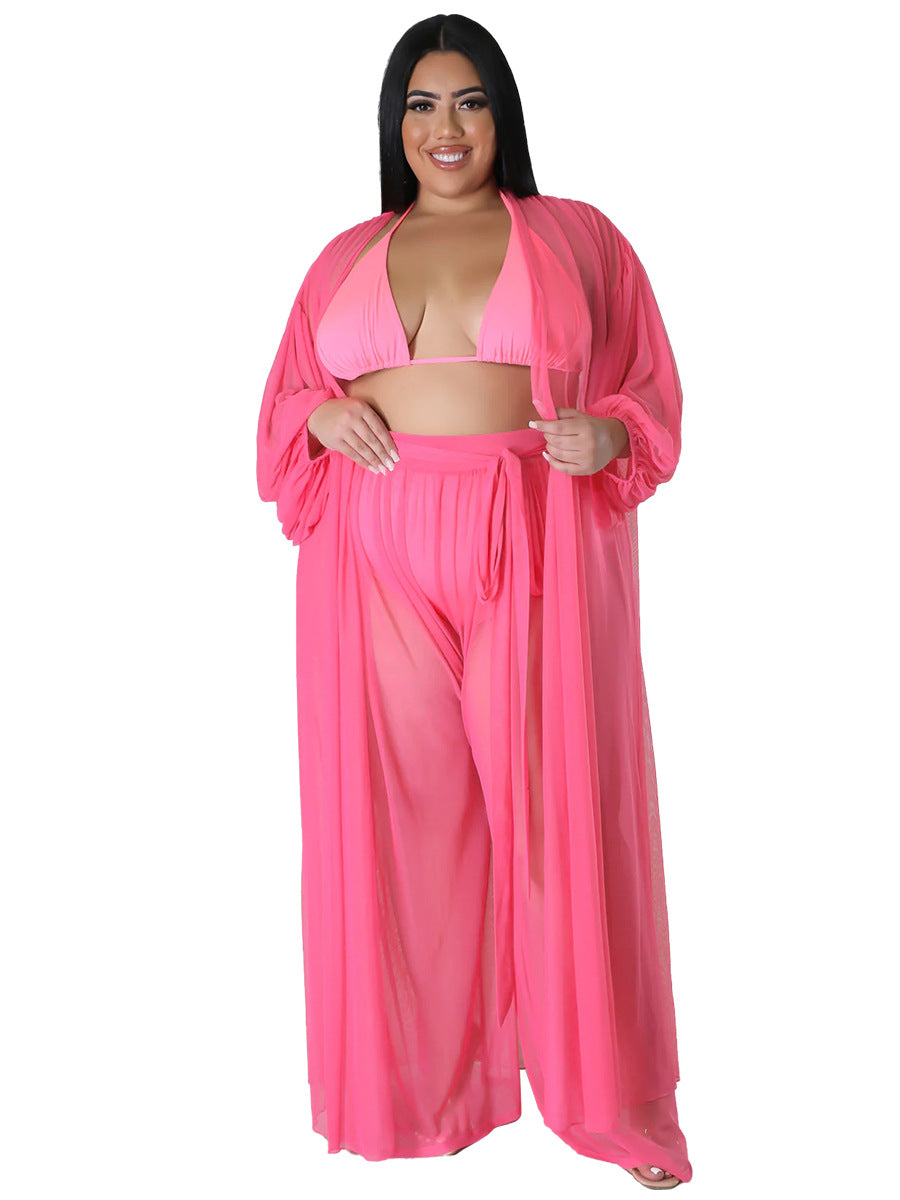 Women's Solid-Color Batwing-Sleeve Sexy Sheer Top And Pants Plus-Size Two-Piece Set
