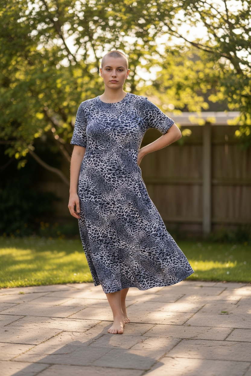Grey Leopard Cotton Breastfeeding Midi Dress - Discreet Nursing Access | MilkyMoon