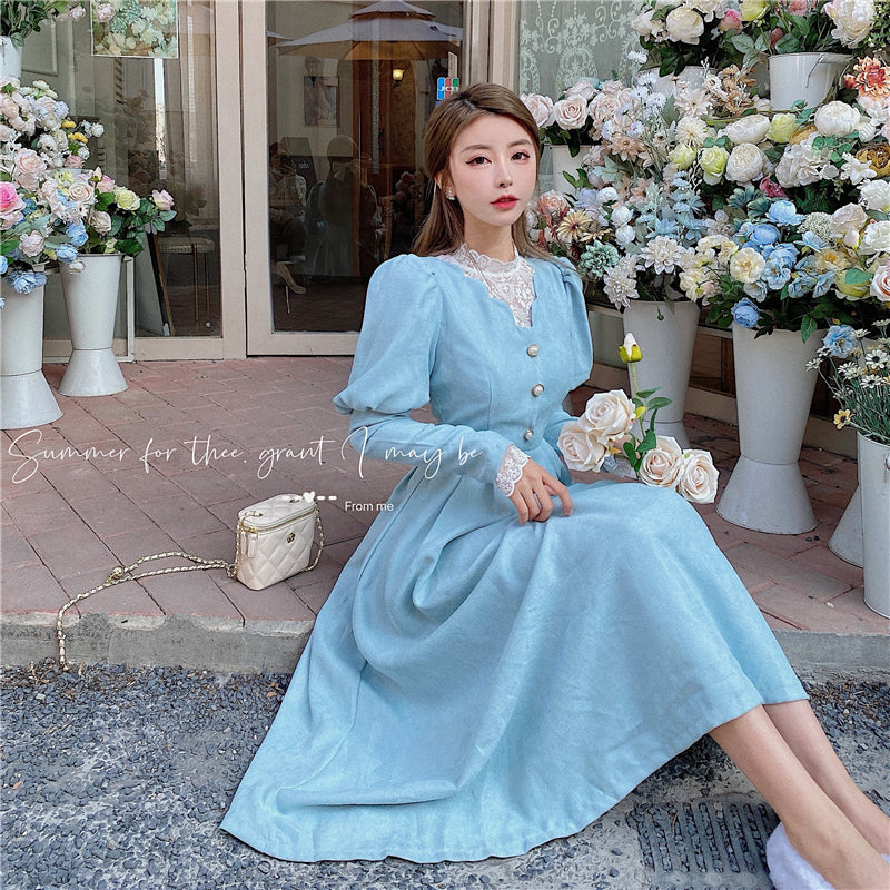Solid Elegant Dress Women Winter Patchwork Lace Party