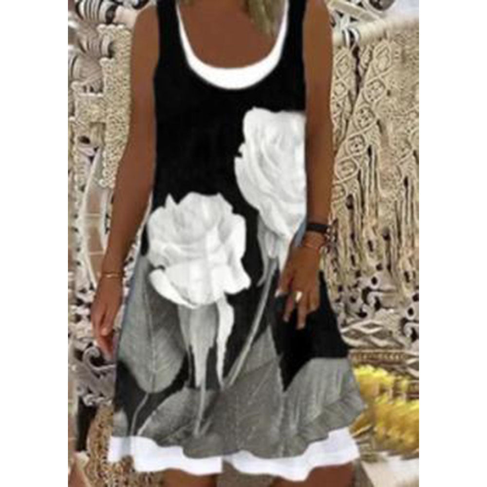 Women's Printed Patchwork Round Neck Sleeveless Pleating Dress