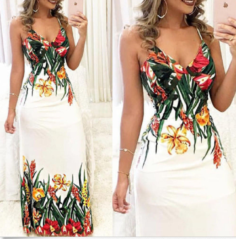 White Printed V-Neck Long Sleeveless Summer Dress