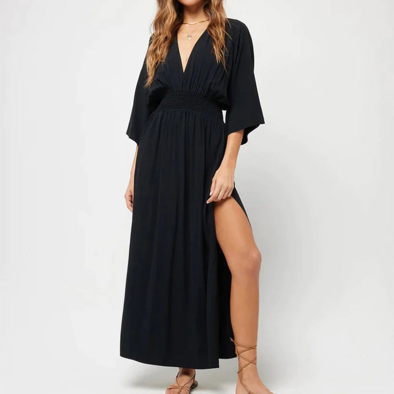 V-neck Low-cut Backless 34 Sleeve Dress